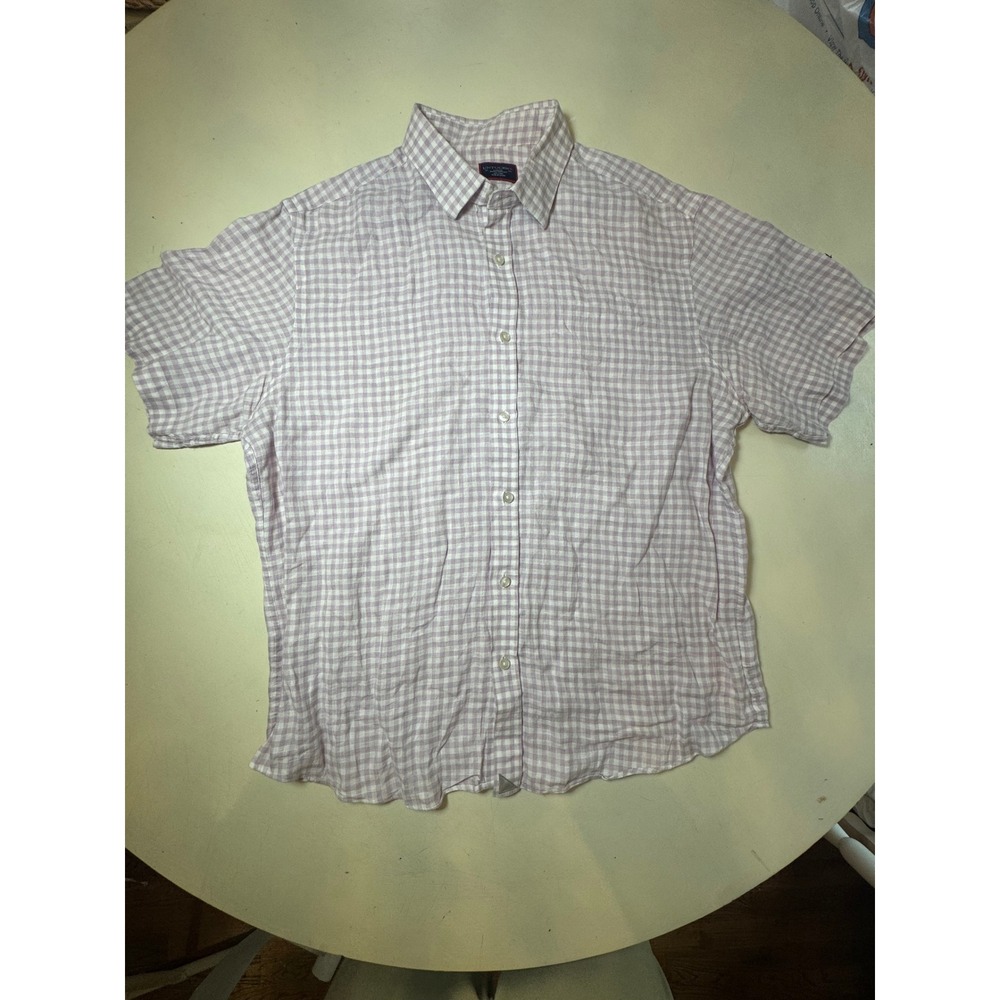 UNTUCKit Attilio Mens Large Purple Gingham 100% Linen Short Sleeve Shirt 34525